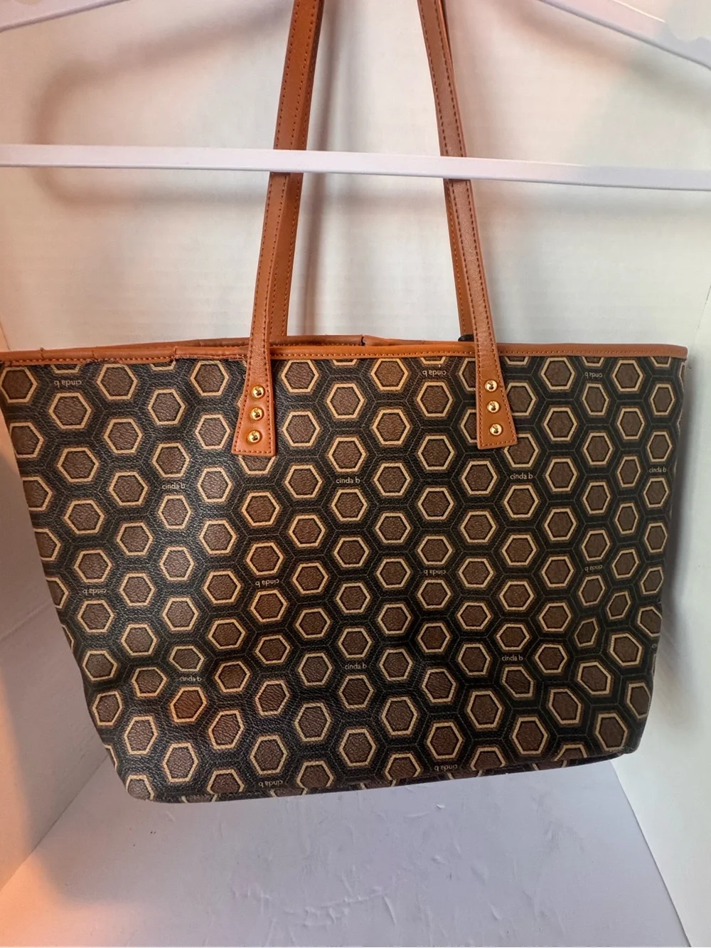 cinda b Geometric Honeycomb Large Shoulder Tote  Travel Purse Faux Leath